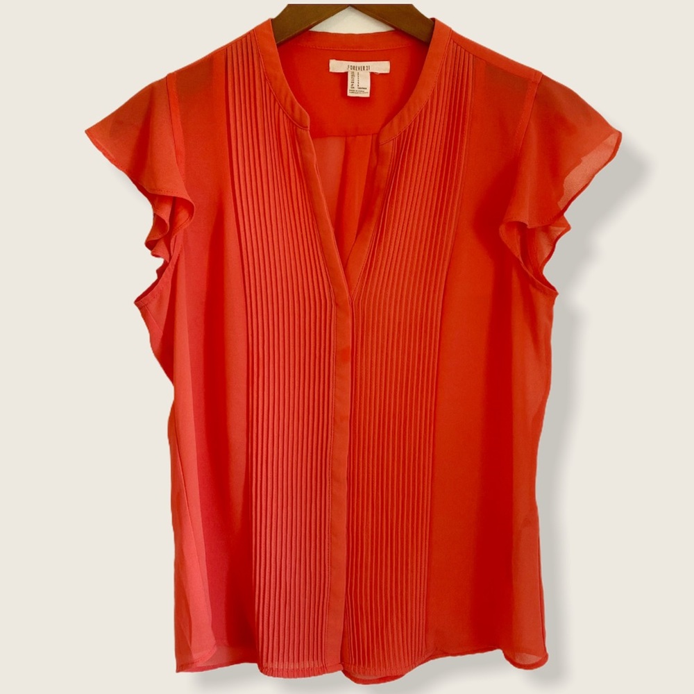 F21 Coral Pintucked Pleated Short-Sleeve Blouse